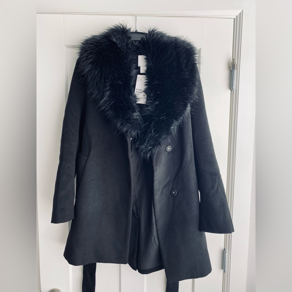 H&M Black Trench Coat with Faux Fur Collar